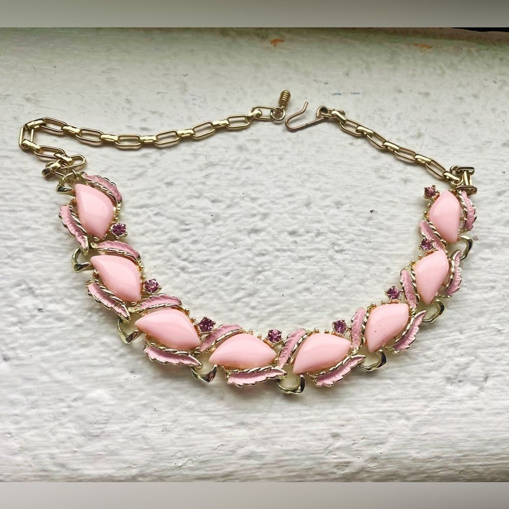 Mid Century Coro style pink coral rhinestone choker necklace costume jewelry EUC